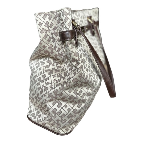 NEW Tommy Hilfiger Large Beige Tote Bag Brown Leather Trim - Picture 2 of 13